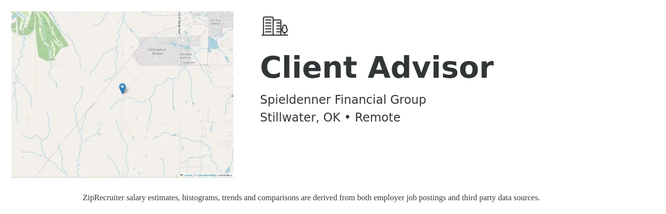 Spieldenner Financial Group job posting for a Client Advisor in Stillwater, OK with a salary of $15 to $28 Hourly with a map of Stillwater location.