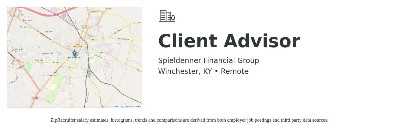 Spieldenner Financial Group job posting for a Client Advisor in Winchester, KY with a salary of $16 to $30 Hourly with a map of Winchester location.