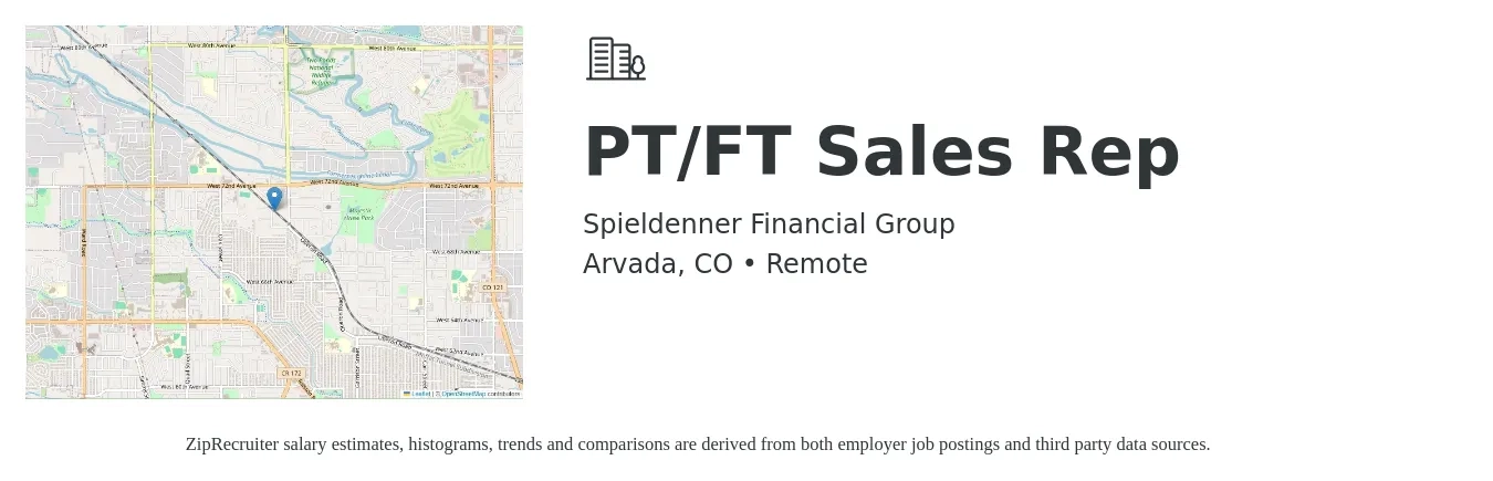 Spieldenner Financial Group job posting for a PT/FT Sales Rep in Arvada, CO with a salary of $54,300 to $94,400 Yearly with a map of Arvada location.