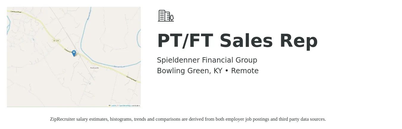 Spieldenner Financial Group job posting for a PT/FT Sales Rep in Bowling Green, KY with a salary of $52,400 to $91,200 Yearly with a map of Bowling Green location.