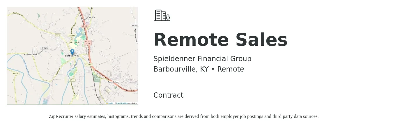 Spieldenner Financial Group job posting for a Remote Sales in Barbourville, KY with a salary of $10,000 to $20,000 Monthly with a map of Barbourville location.
