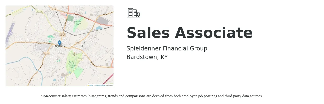 Spieldenner Financial Group job posting for a Sales Associate in Bardstown, KY with a salary of $12 to $17 Hourly with a map of Bardstown location.
