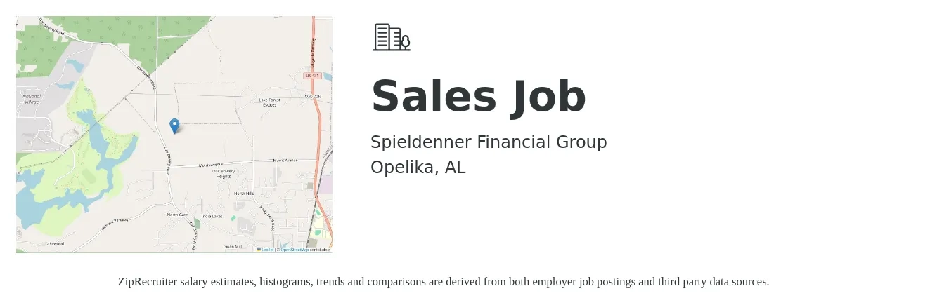 Spieldenner Financial Group job posting for a Sales Job in Opelika, AL with a salary of $46,100 to $80,200 Yearly with a map of Opelika location.