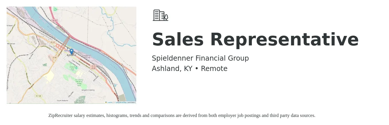 Spieldenner Financial Group job posting for a Sales Representative in Ashland, KY with a salary of $10,000 to $20,000 Monthly with a map of Ashland location.