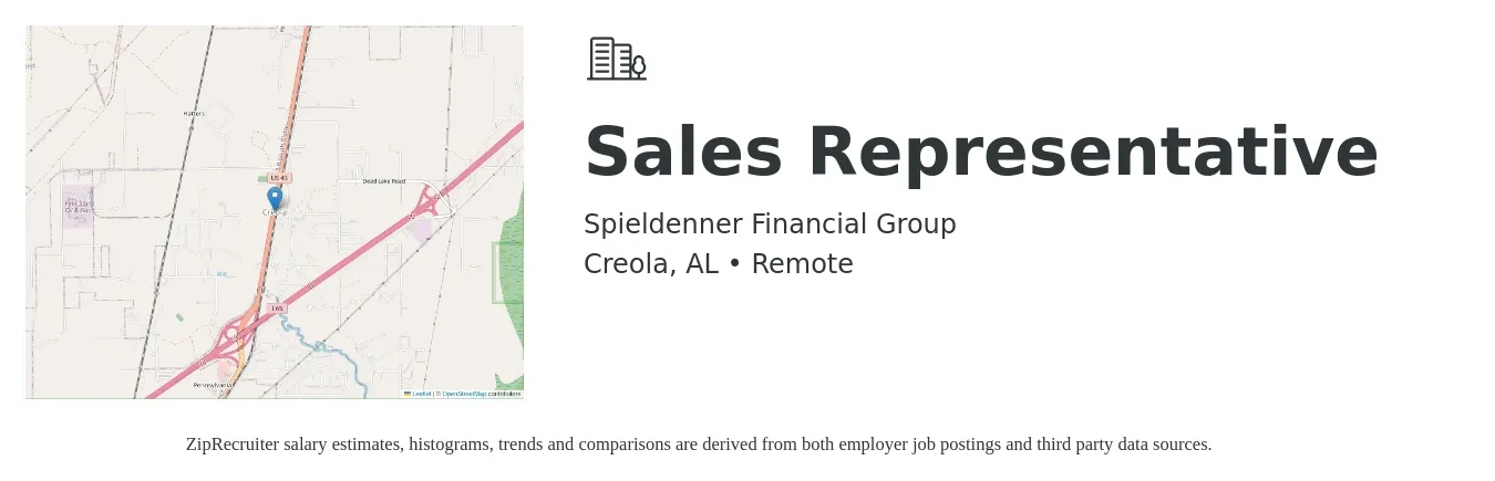 Spieldenner Financial Group job posting for a Sales Representative in Creola, AL with a salary of $10,000 to $20,000 Monthly with a map of Creola location.