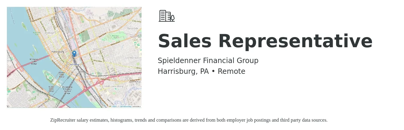 Spieldenner Financial Group job posting for a Sales Representative in Harrisburg, PA with a salary of $10,000 to $20,000 Monthly with a map of Harrisburg location.