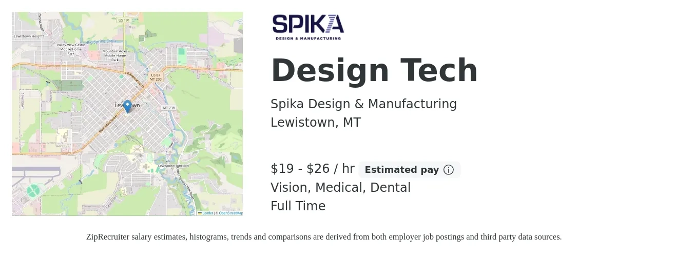 Spika Design & Manufacturing job posting for a Design Tech in Lewistown, MT with a salary of $20 to $28 Hourly and benefits including dental, life_insurance, medical, pto, retirement, and vision with a map of Lewistown location.