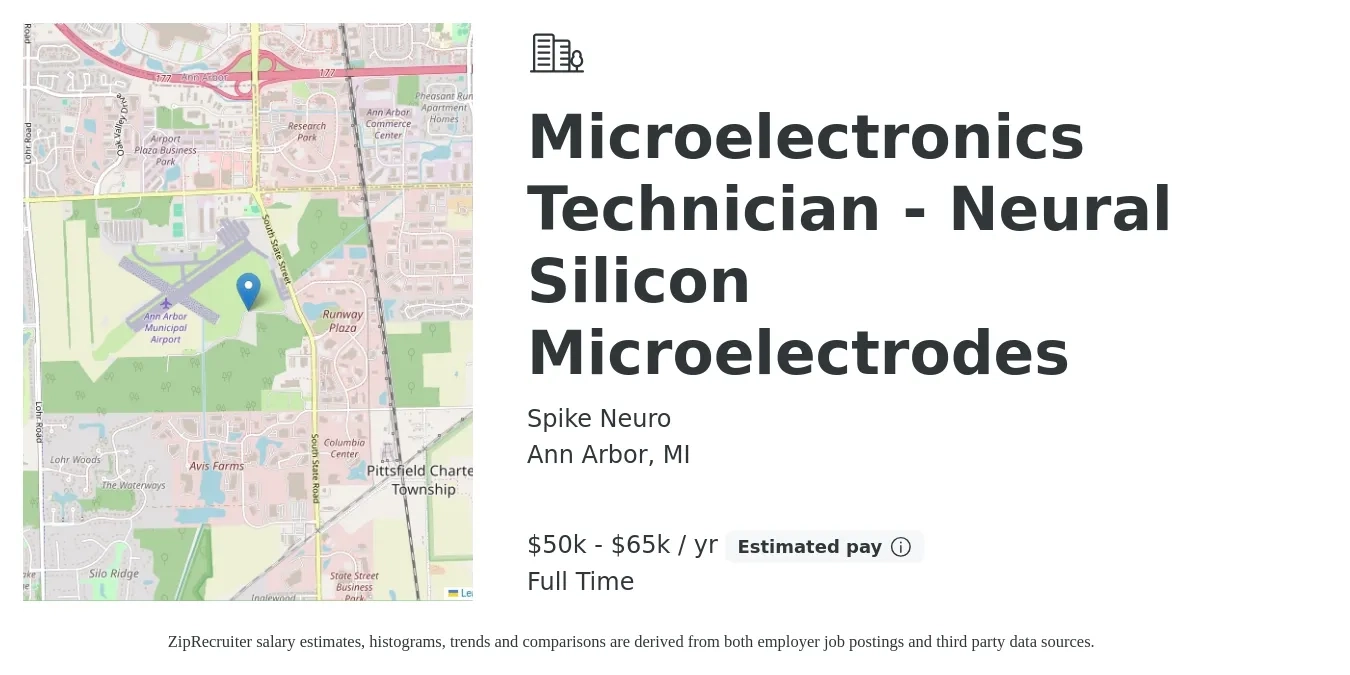 Spike Neuro job posting for a Microelectronics Technician - Neural Silicon Microelectrodes in Ann Arbor, MI with a salary of $50,000 to $65,000 Yearly with a map of Ann Arbor location.