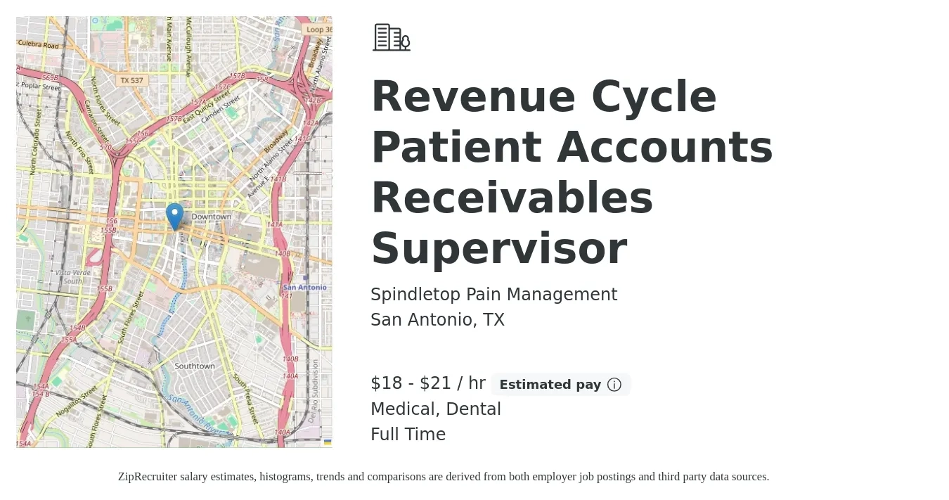 Spindletop Pain Management job posting for a Revenue Cycle Patient Accounts Receivables Supervisor in San Antonio, TX with a salary of $19 to $22 Hourly and benefits including dental, life_insurance, medical, pto, and retirement with a map of San Antonio location.