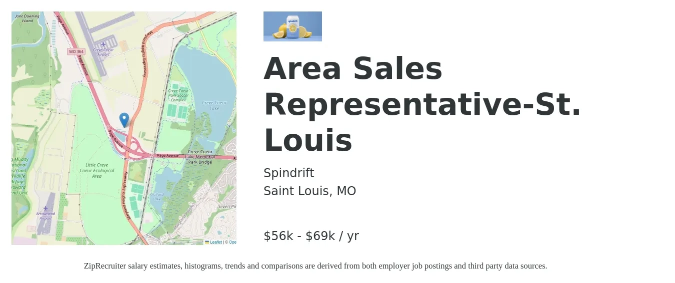 Spindrift job posting for a Area Sales Representative-St. Louis in Saint Louis, MO with a salary of $56,700 to $69,300 Yearly with a map of Saint Louis location.