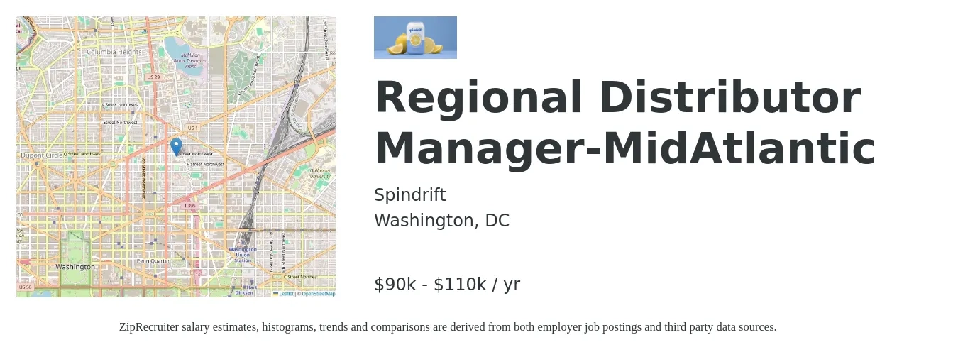 Spindrift job posting for a Regional Distributor Manager-MidAtlantic in Washington, DC with a salary of $90,000 to $110,000 Yearly with a map of Washington location.