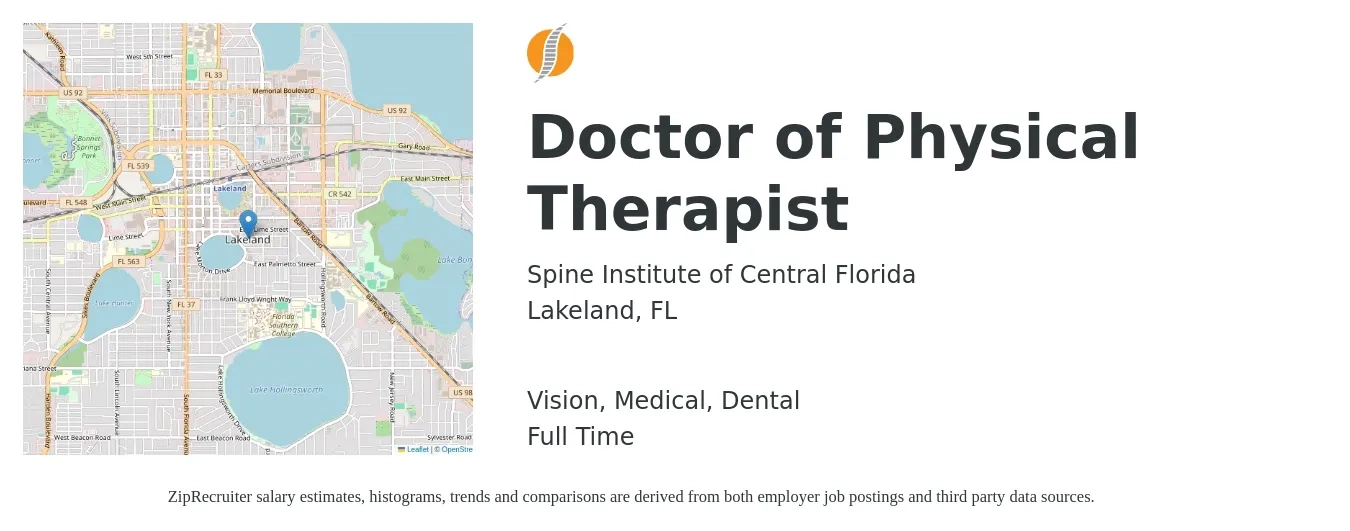 Spine Institute of Central Florida job posting for a Doctor of Physical Therapist in Lakeland, FL with a salary of $1,550 to $2,000 Weekly and benefits including pto, retirement, vision, dental, and medical with a map of Lakeland location.