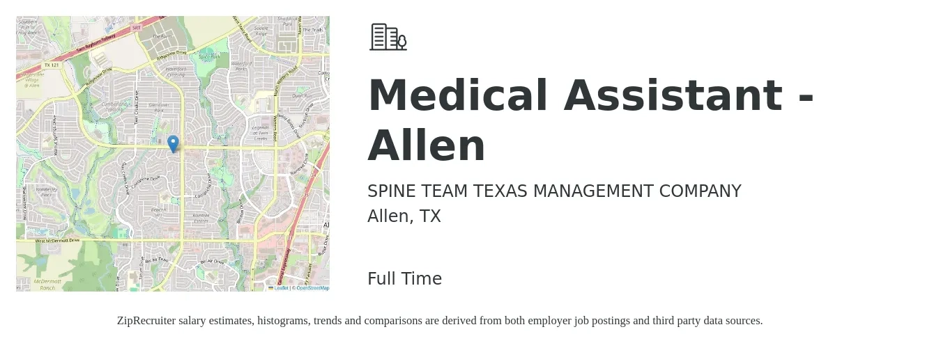 SPINE TEAM TEXAS MANAGEMENT COMPANY job posting for a Medical Assistant - Allen in Allen, TX with a salary of $16 to $21 Hourly with a map of Allen location.