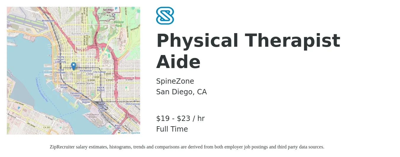 SpineZone job posting for a Physical Therapist Aide in San Diego, CA with a salary of $20 to $24 Hourly with a map of San Diego location.