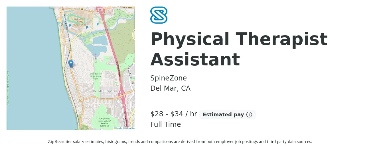 SpineZone job posting for a Physical Therapist Assistant in Del Mar, CA with a salary of $30 to $36 Hourly with a map of Del Mar location.