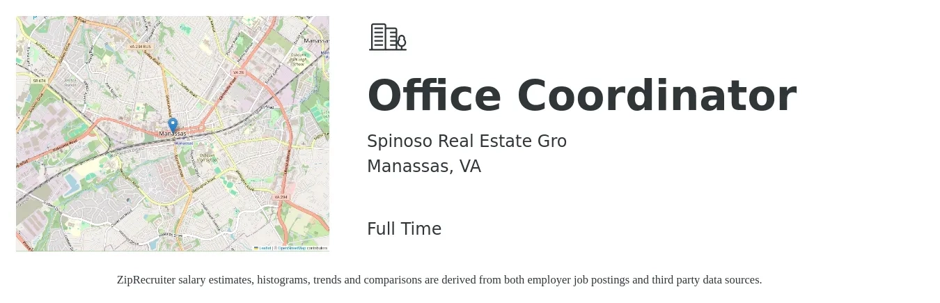 Spinoso Real Estate Gro job posting for a Office Coordinator in Manassas, VA with a salary of $17 to $22 Hourly with a map of Manassas location.