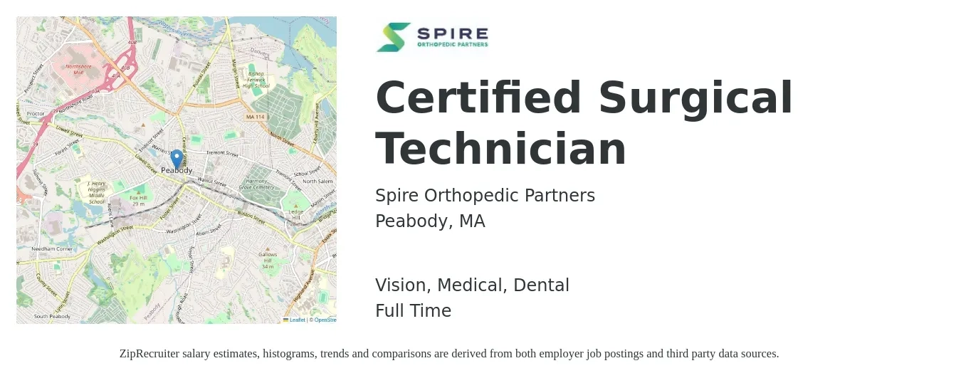 Spire Orthopedic Partners job posting for a Certified Surgical Technician in Peabody, MA with a salary of $36 to $60 Hourly and benefits including dental, life_insurance, medical, pto, retirement, and vision with a map of Peabody location.