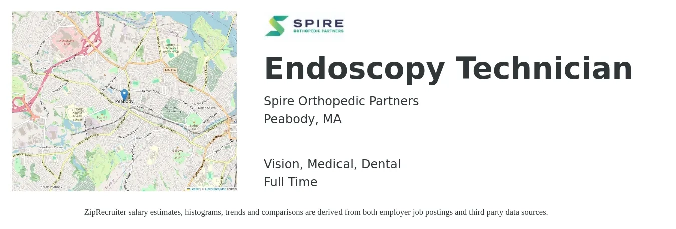 Spire Orthopedic Partners job posting for a Endoscopy Technician in Peabody, MA with a salary of $23 to $34 Hourly and benefits including dental, life_insurance, medical, pto, retirement, and vision with a map of Peabody location.