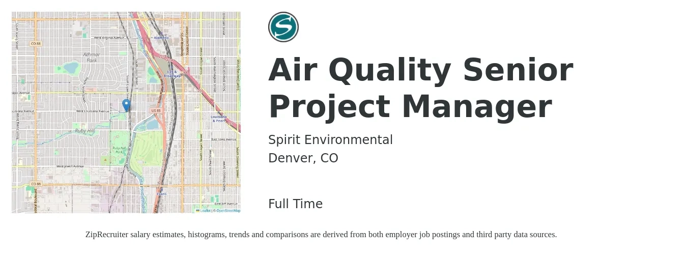 Spirit Environmental job posting for a Air Quality Senior Project Manager in Denver, CO with a salary of $100,000 to $125,000 Yearly with a map of Denver location.