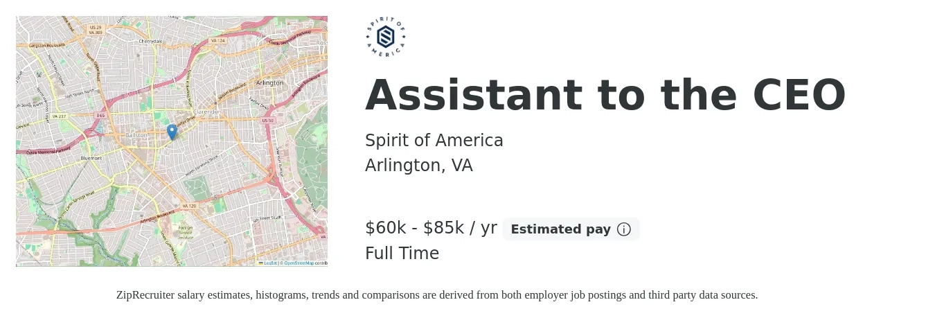 Spirit of America job posting for a Assistant to the CEO in Arlington, VA with a salary of $60,000 to $85,000 Yearly with a map of Arlington location.