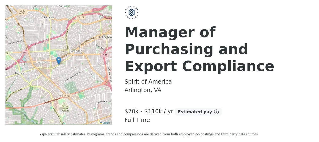 Spirit of America job posting for a Manager of Purchasing and Export Compliance in Arlington, VA with a salary of $70,000 to $110,000 Yearly with a map of Arlington location.