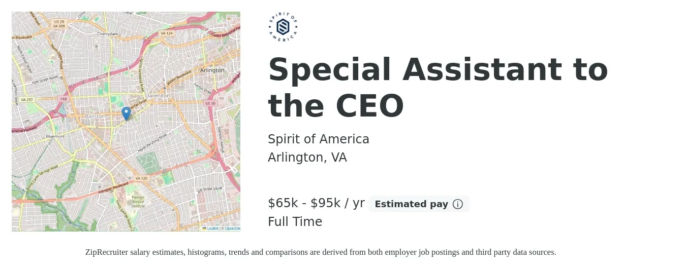 Spirit of America job posting for a Special Assistant to the CEO in Arlington, VA with a salary of $65,000 to $95,000 Yearly with a map of Arlington location.