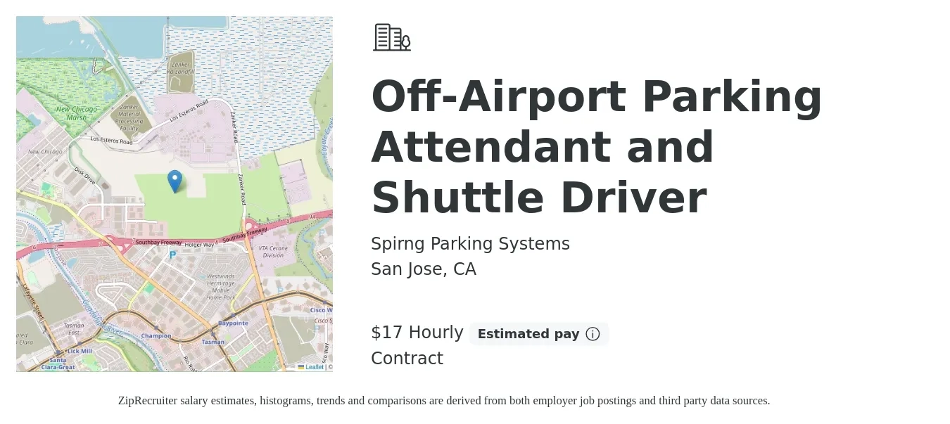 Spirng Parking Systems job posting for a Off-Airport Parking Attendant and Shuttle Driver in San Jose, CA with a salary of $18 Hourly with a map of San Jose location.