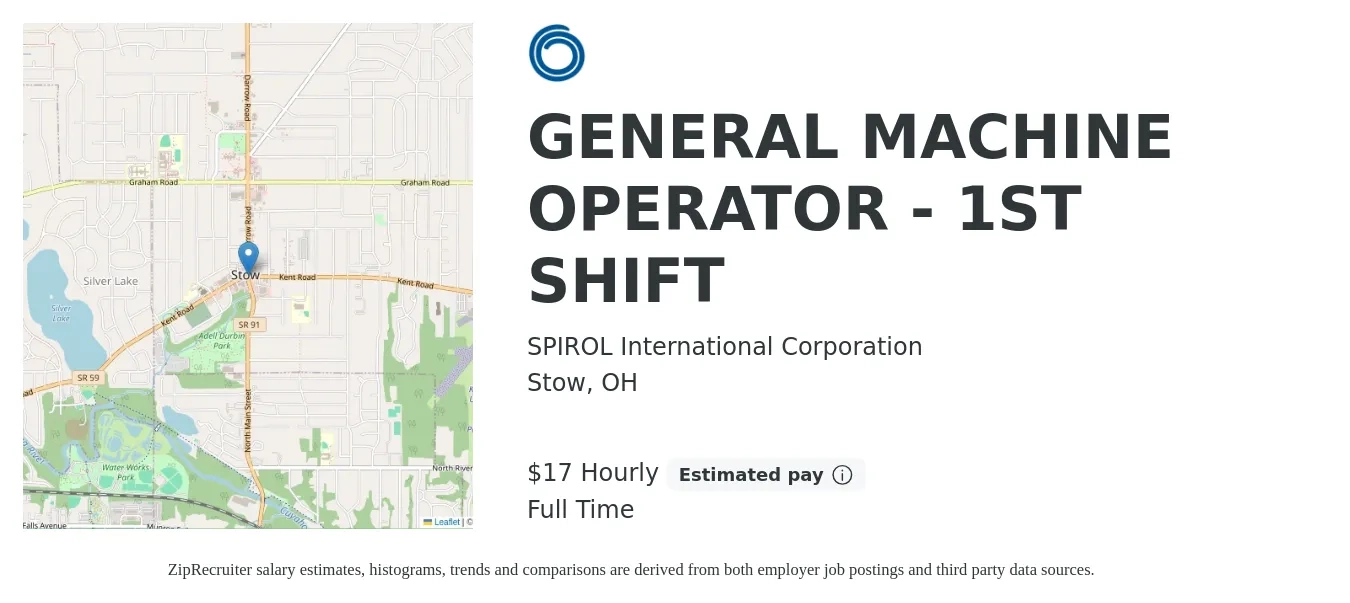 SPIROL International Corporation job posting for a GENERAL MACHINE OPERATOR - 1ST SHIFT in Stow, OH with a salary of $18 Hourly with a map of Stow location.
