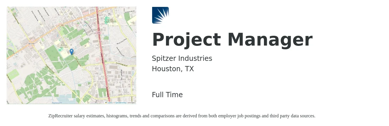 Spitzer Industries job posting for a Project Manager in Houston, TX with a salary of $74,900 to $117,400 Yearly with a map of Houston location.