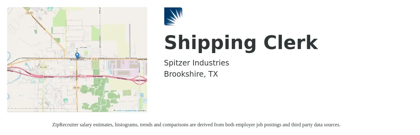 Spitzer Industries job posting for a Shipping Clerk in Brookshire, TX with a salary of $15 to $18 Hourly with a map of Brookshire location.