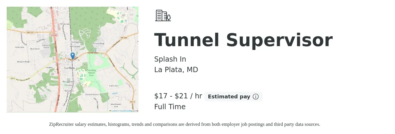 Splash In job posting for a Tunnel Supervisor in La Plata, MD with a salary of $18 to $22 Hourly with a map of La Plata location.