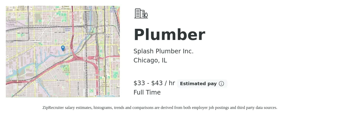 Splash Plumber Inc. job posting for a Plumber in Chicago, IL with a salary of $35 to $45 Hourly with a map of Chicago location.