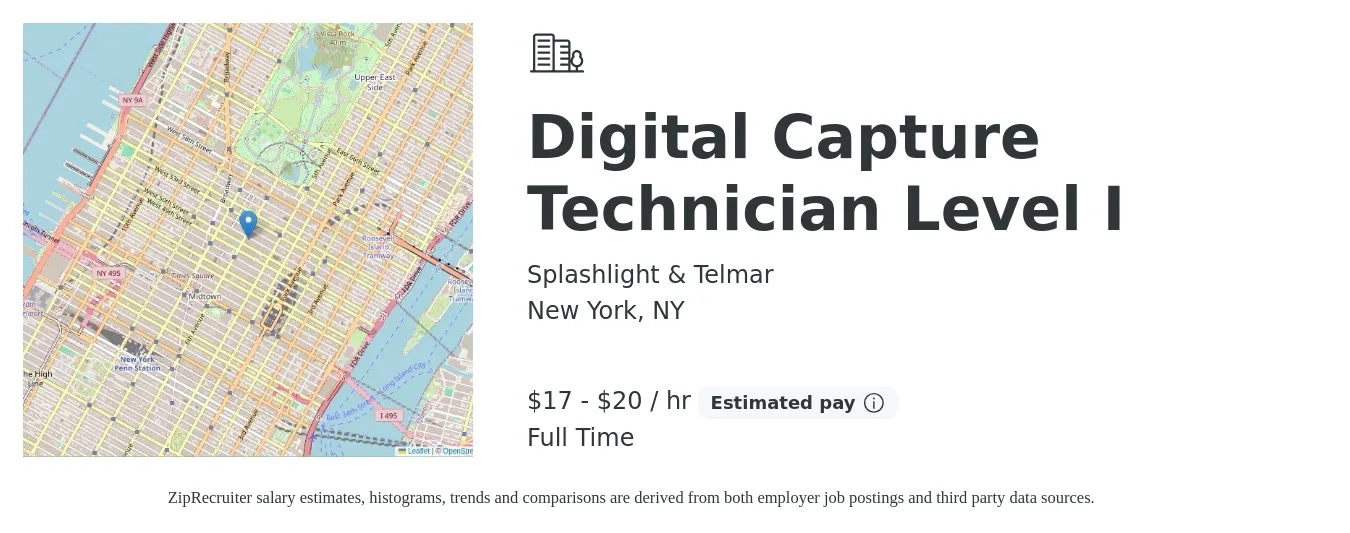 Splashlight & Telmar job posting for a Digital Capture Technician Level I in New York, NY with a salary of $18 to $21 Hourly with a map of New York location.