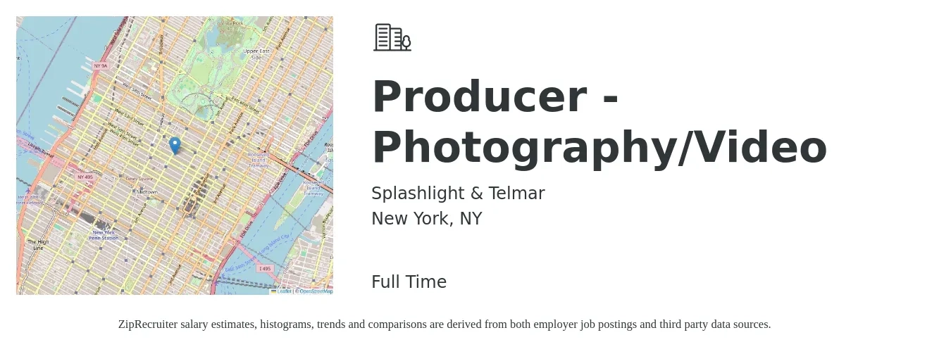Splashlight & Telmar job posting for a Producer - Photography/Video in New York, NY with a salary of $60,000 to $70,000 Yearly with a map of New York location.