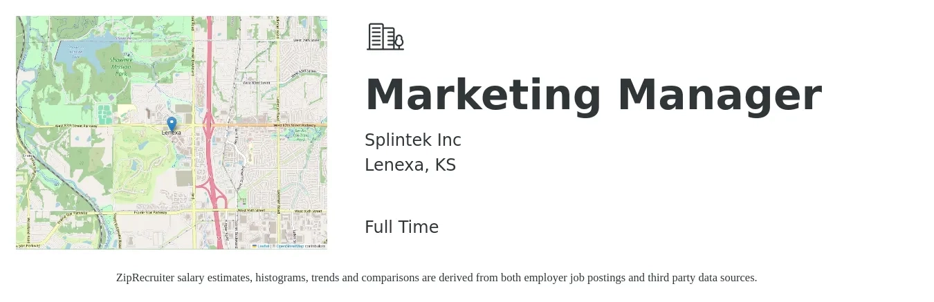 Splintek Inc job posting for a Marketing Manager in Lenexa, KS with a salary of $55,800 to $91,200 Yearly with a map of Lenexa location.