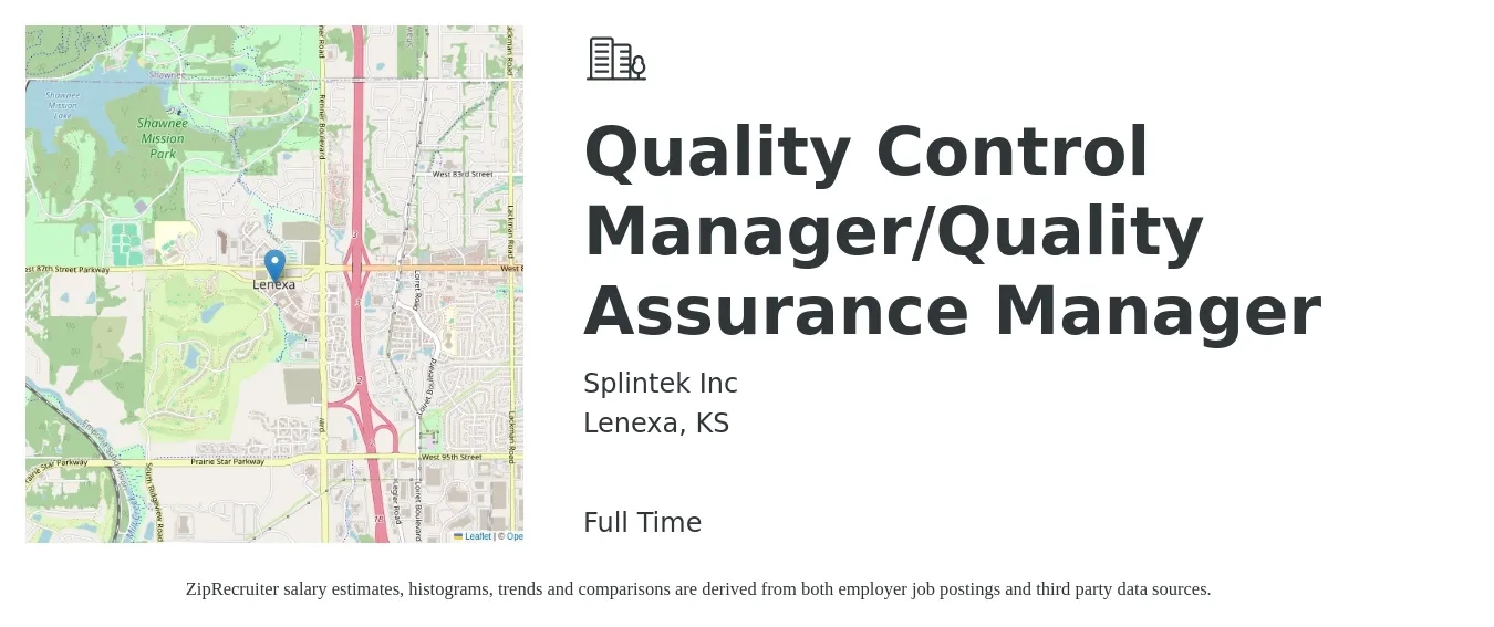 Splintek Inc job posting for a Quality Control Manager/Quality Assurance Manager in Lenexa, KS with a salary of $40,900 to $126,500 Yearly with a map of Lenexa location.