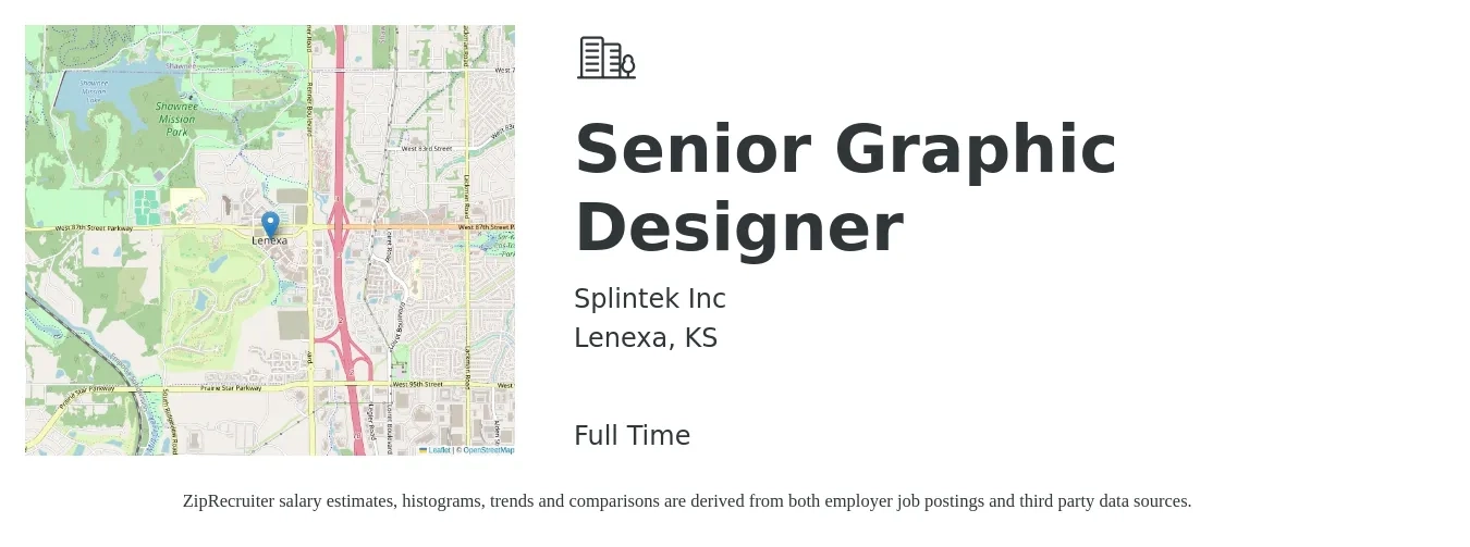Splintek Inc job posting for a Senior Graphic Designer in Lenexa, KS with a salary of $60,000 to $82,300 Yearly with a map of Lenexa location.