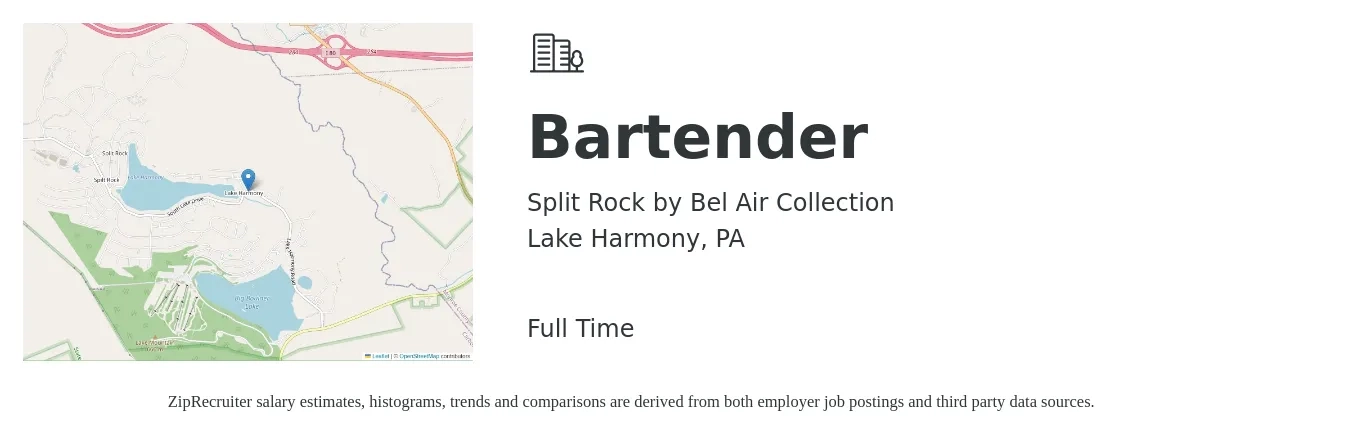 Split Rock by Bel Air Collection job posting for a Bartender in Lake Harmony, PA with a salary of $9 to $17 Hourly with a map of Lake Harmony location.