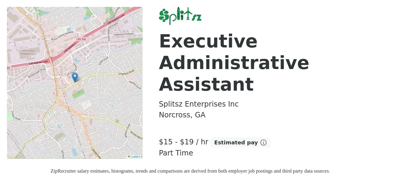 Splitsz Enterprises Inc job posting for a Executive Administrative Assistant in Norcross, GA with a salary of $16 to $20 Hourly with a map of Norcross location.