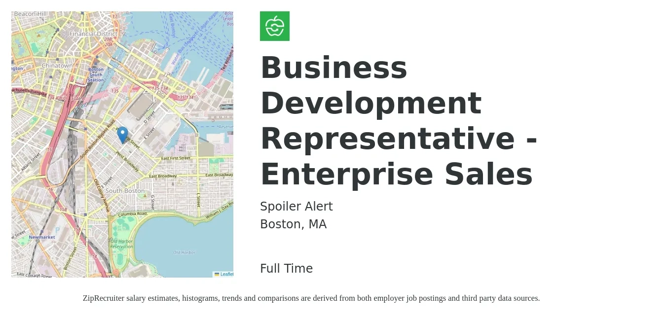 Spoiler Alert job posting for a Business Development Representative - Enterprise Sales in Boston, MA with a salary of $48,900 to $76,000 Yearly with a map of Boston location.
