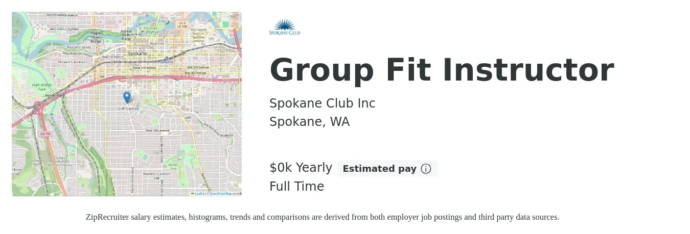 Spokane Club Inc job posting for a Group Fit Instructor in Spokane, WA with a salary of $20 to $24 Yearly with a map of Spokane location.