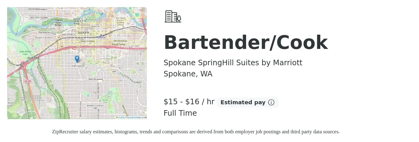 Spokane SpringHill Suites by Marriott job posting for a Bartender/Cook in Spokane, WA with a salary of $16 to $17 Hourly with a map of Spokane location.