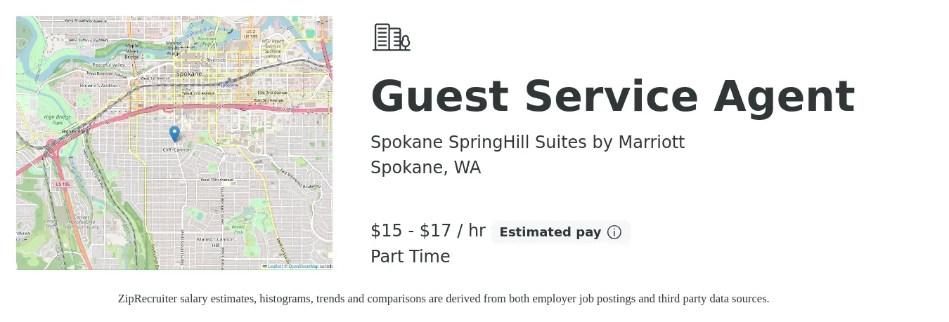 Spokane SpringHill Suites by Marriott job posting for a Guest Service Agent in Spokane, WA with a salary of $16 to $18 Hourly with a map of Spokane location.