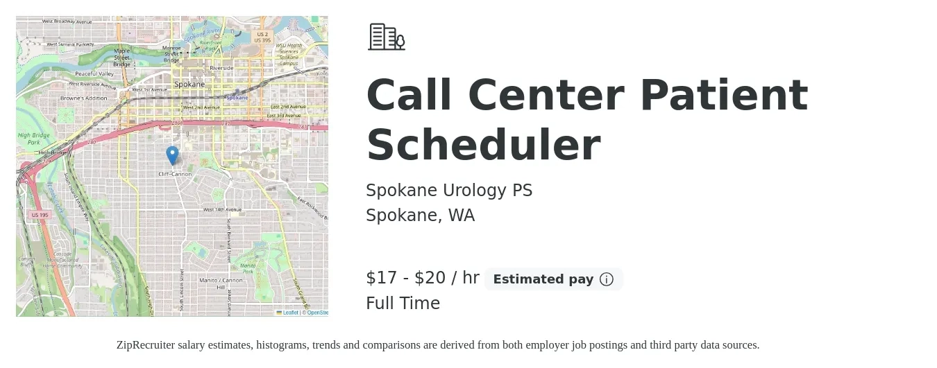Spokane Urology PS job posting for a Call Center Patient Scheduler in Spokane, WA with a salary of $18 to $21 Hourly with a map of Spokane location.