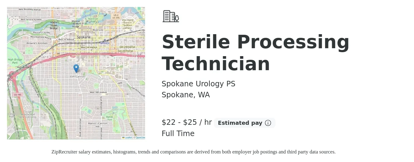 Spokane Urology PS job posting for a Sterile Processing Technician in Spokane, WA with a salary of $23 to $27 Hourly with a map of Spokane location.