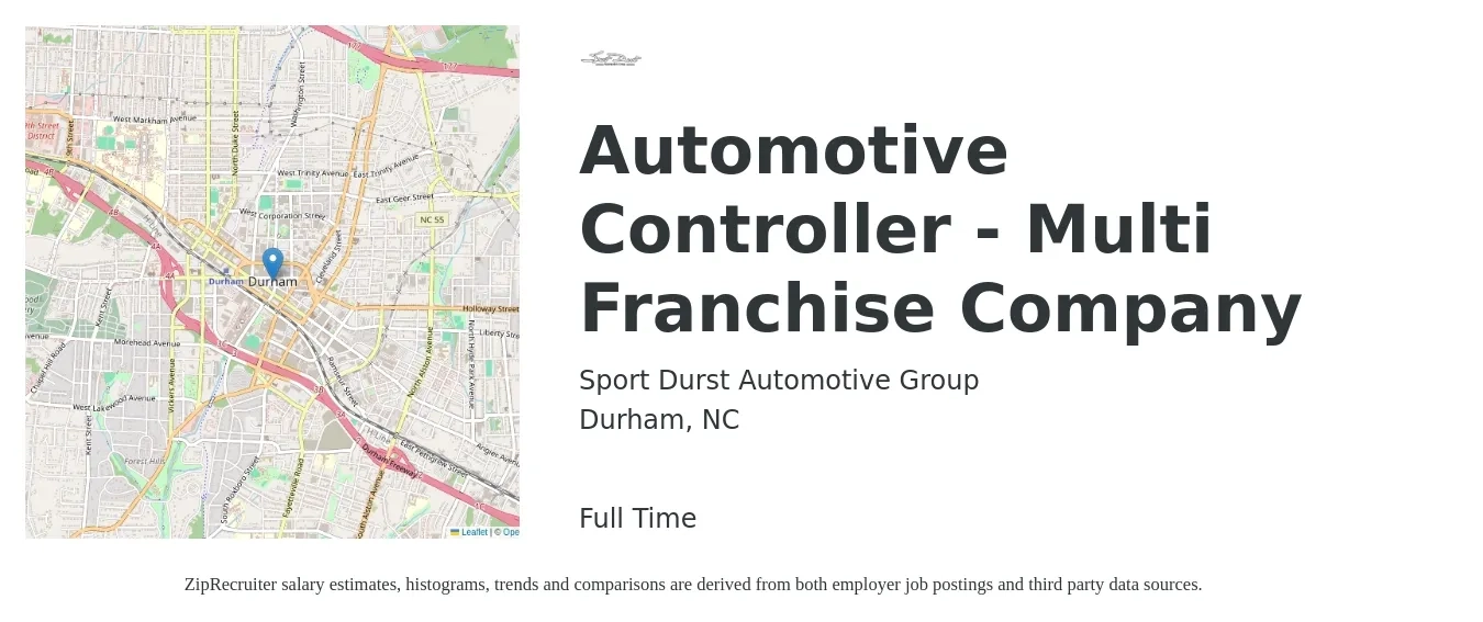 Sport Durst Automotive Group job posting for a Automotive Controller - Multi Franchise Company in Durham, NC with a salary of $93,700 to $133,800 Yearly with a map of Durham location.