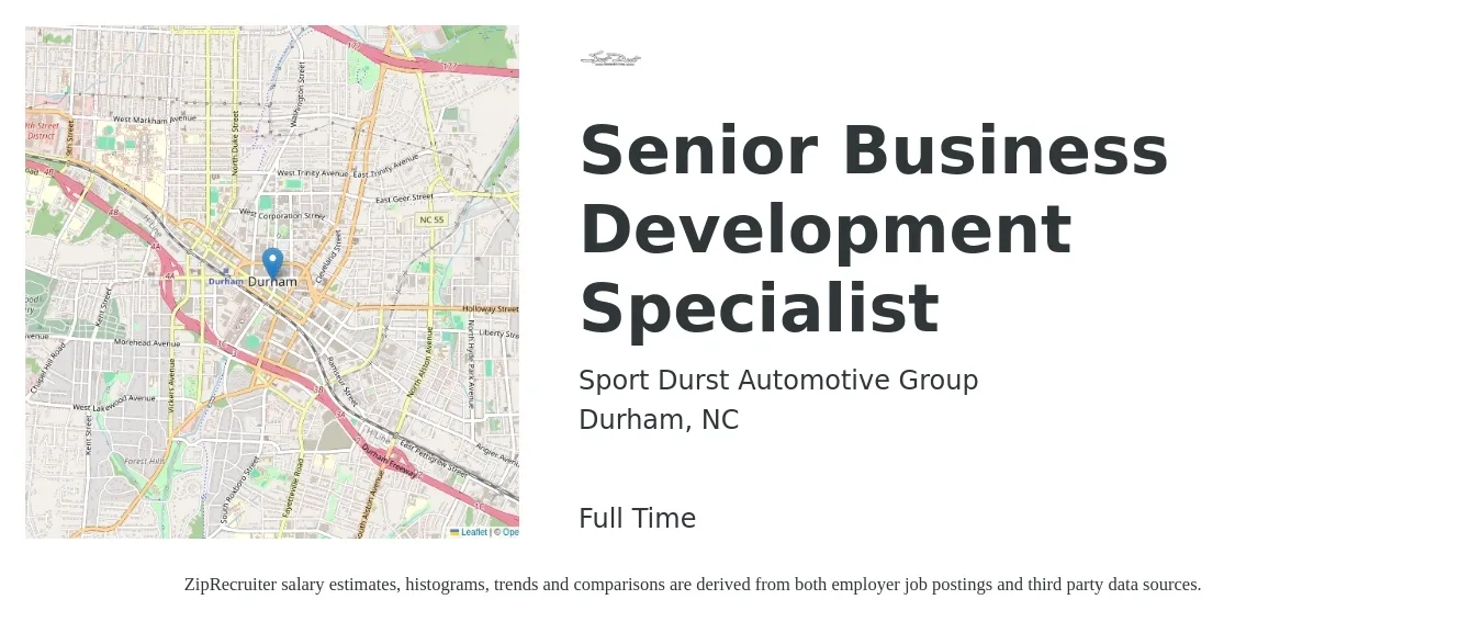 Sport Durst Automotive Group job posting for a Senior Business Development Specialist in Durham, NC with a salary of $45,400 to $75,900 Yearly with a map of Durham location.