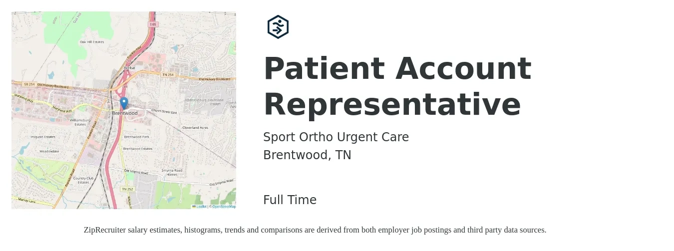 Sport Ortho Urgent Care job posting for a Patient Account Representative in Brentwood, TN with a salary of $17 to $22 Hourly with a map of Brentwood location.