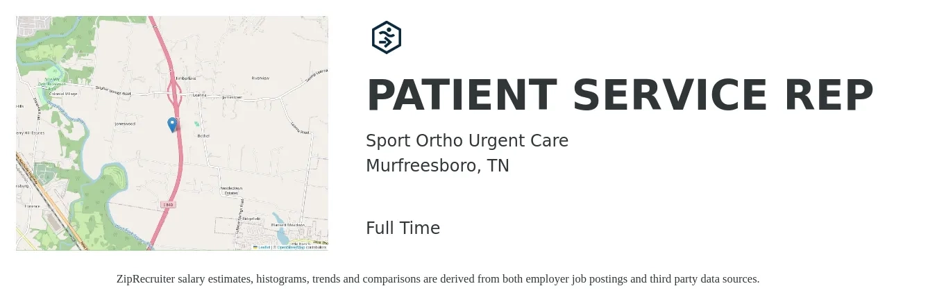 Sport Ortho Urgent Care job posting for a PATIENT SERVICE REP in Murfreesboro, TN with a salary of $16 to $20 Hourly with a map of Murfreesboro location.