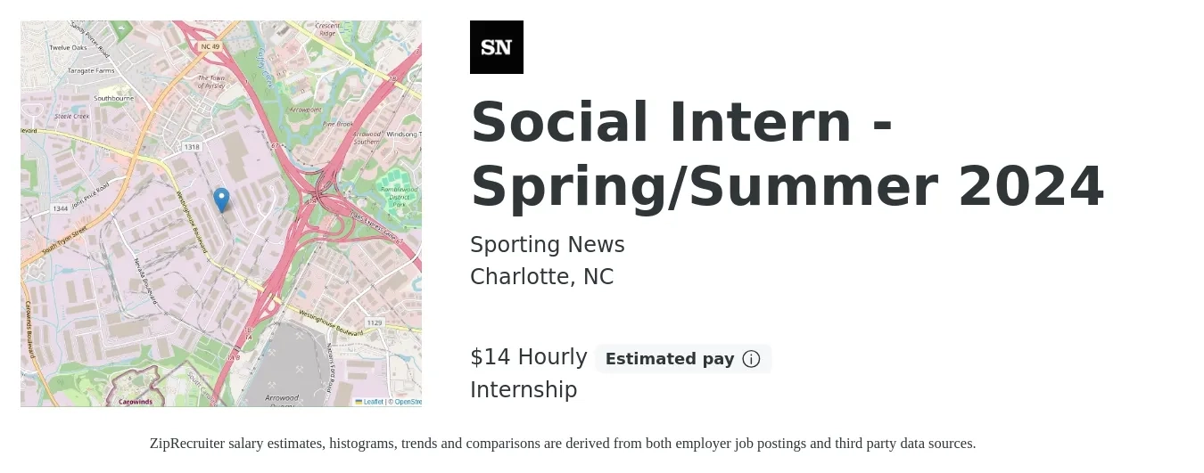 Sporting News job posting for a Social Intern - Spring/Summer 2024 in Charlotte, NC with a salary of $15 Hourly with a map of Charlotte location.
